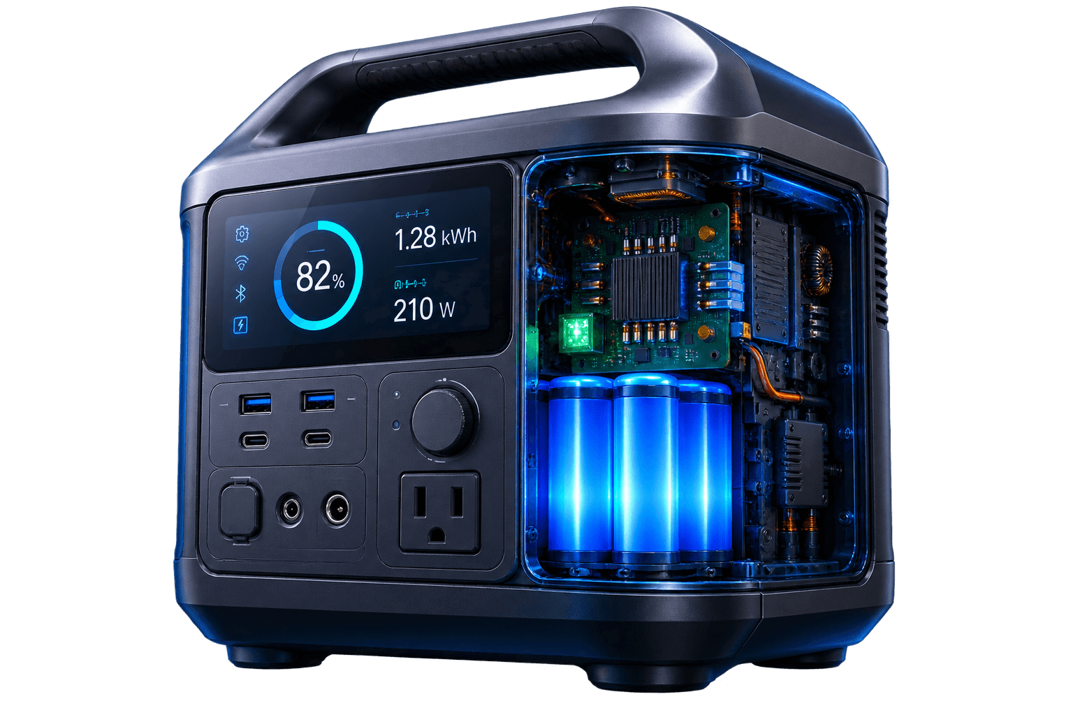 Portable power station, cutaway view showing its battery cells and internal electronics glowing blue, screen reading 82% charged