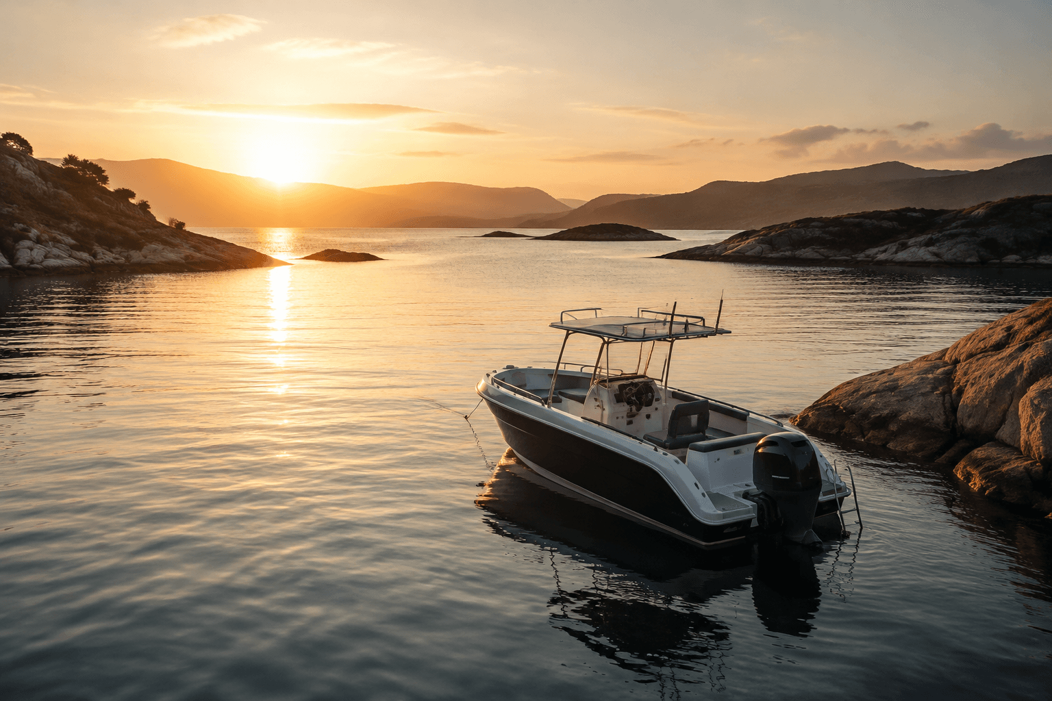 A boat anchored in a calm bay at sunset — illustrating boating and off-grid use.