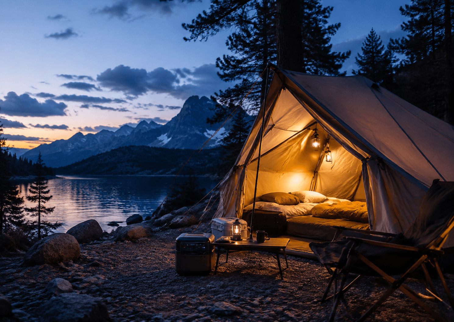A tent glowing warmly at dusk beside a mountain lake, with camp chairs and a lantern set up outside — illustrating a typical camping setup.