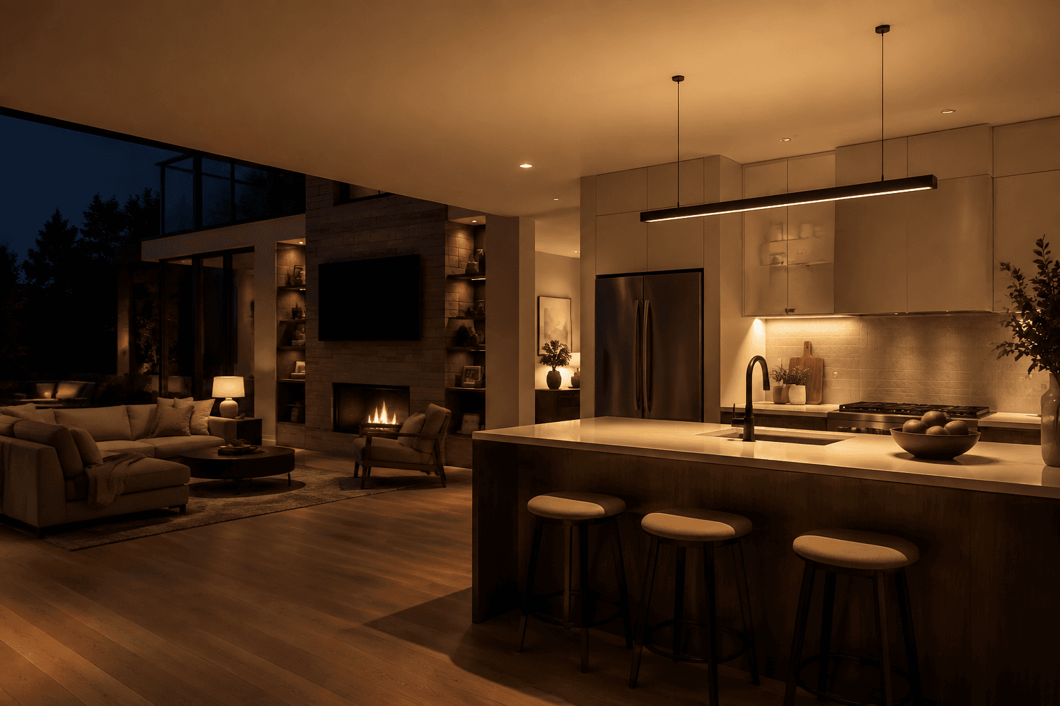 A warmly lit modern home kitchen and living room in the evening — illustrating typical home-backup use.