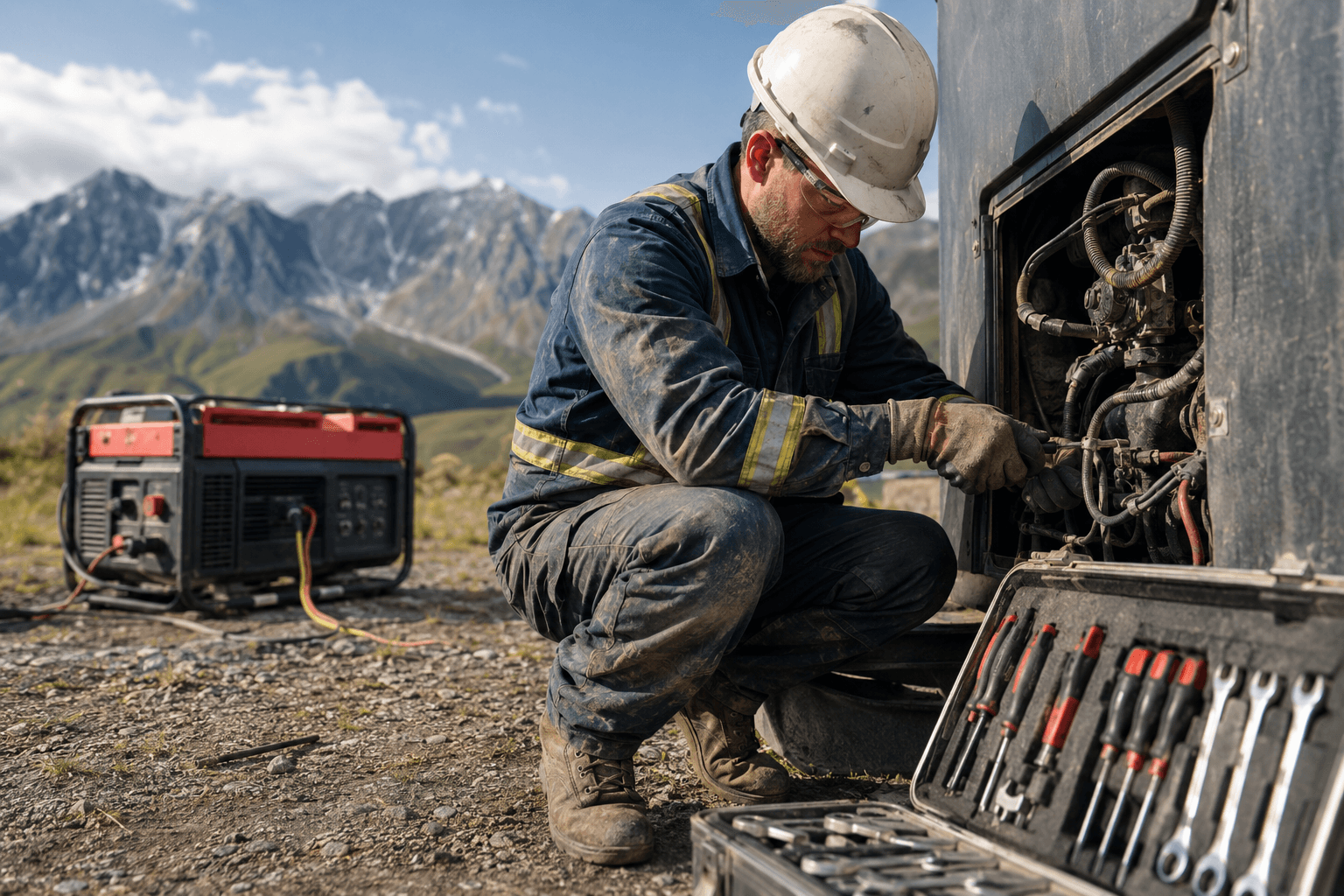 A worker in safety gear servicing equipment at a remote mountain site, with a portable generator nearby — illustrating off-grid work use.