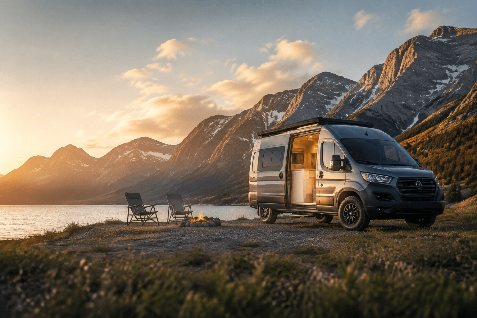 A camper van parked beside a mountain lake at sunset with camp chairs and a fire pit set up nearby — illustrating a typical van life or RV setup.