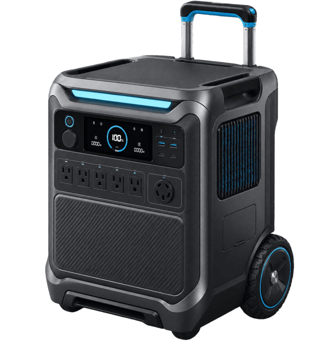 Original illustrative render representing a whole-home backup portable power station — not an exact photograph of the Anker SOLIX F3000.
